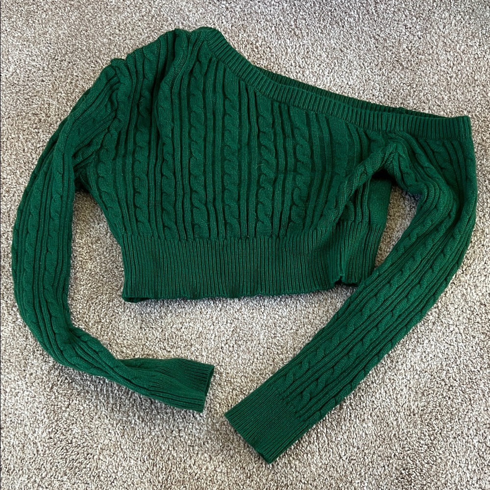 Green Cable Knit Off-Shoulder Sweater